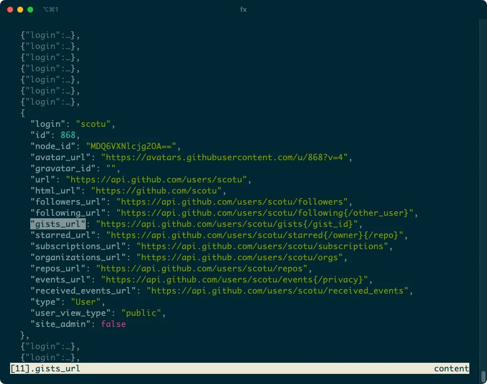 Ứng dụng Fx TUI hiển thị dữ liệu JSON nén và một đối tượng được mở rộng dễ đọc