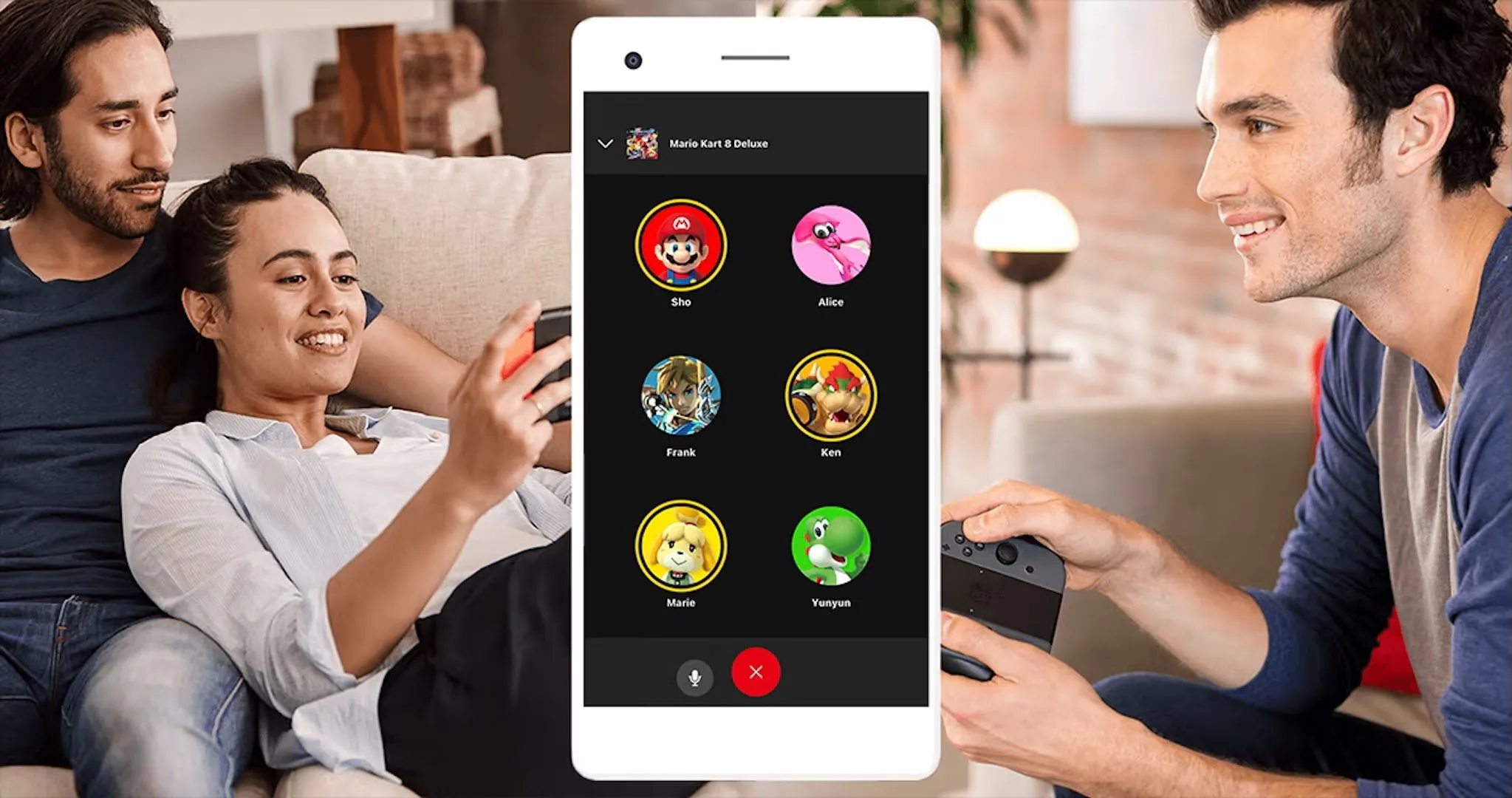Ứng dụng Nintendo Switch Online trên điện thoại thông minh, cho phép trò chuyện thoại và mở rộng tính năng chơi game.