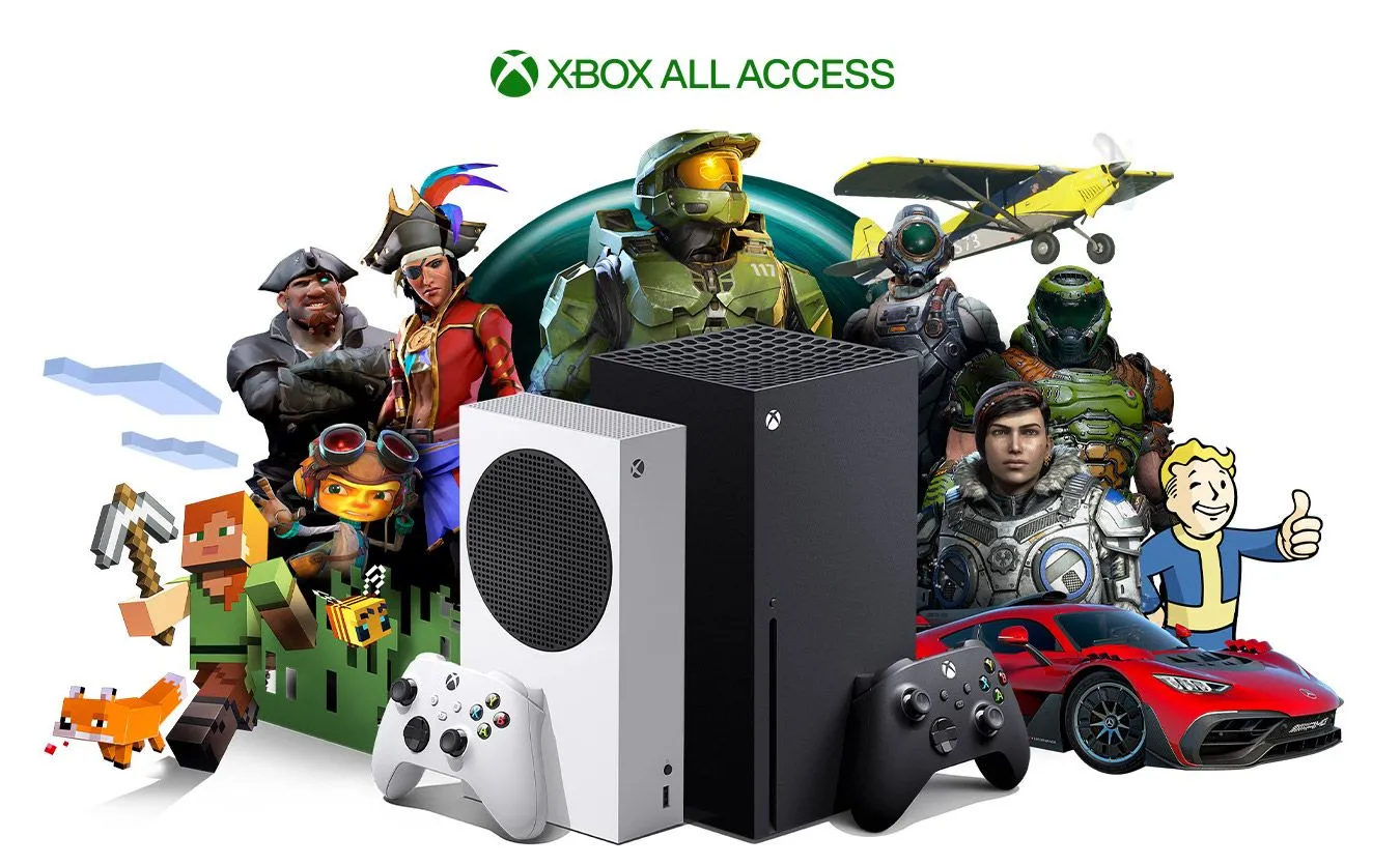 Vật liệu quảng cáo Game Pass với các tựa game nổi tiếng như Halo, Minecraft, Doom và Fallout, nhấn mạnh thư viện game phong phú