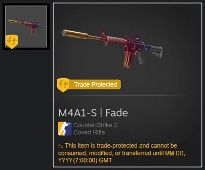 Vật phẩm M4A1-S Fade trong Counter-Strike 2 với huy hiệu "Được bảo vệ giao dịch" 7 ngày của Steam