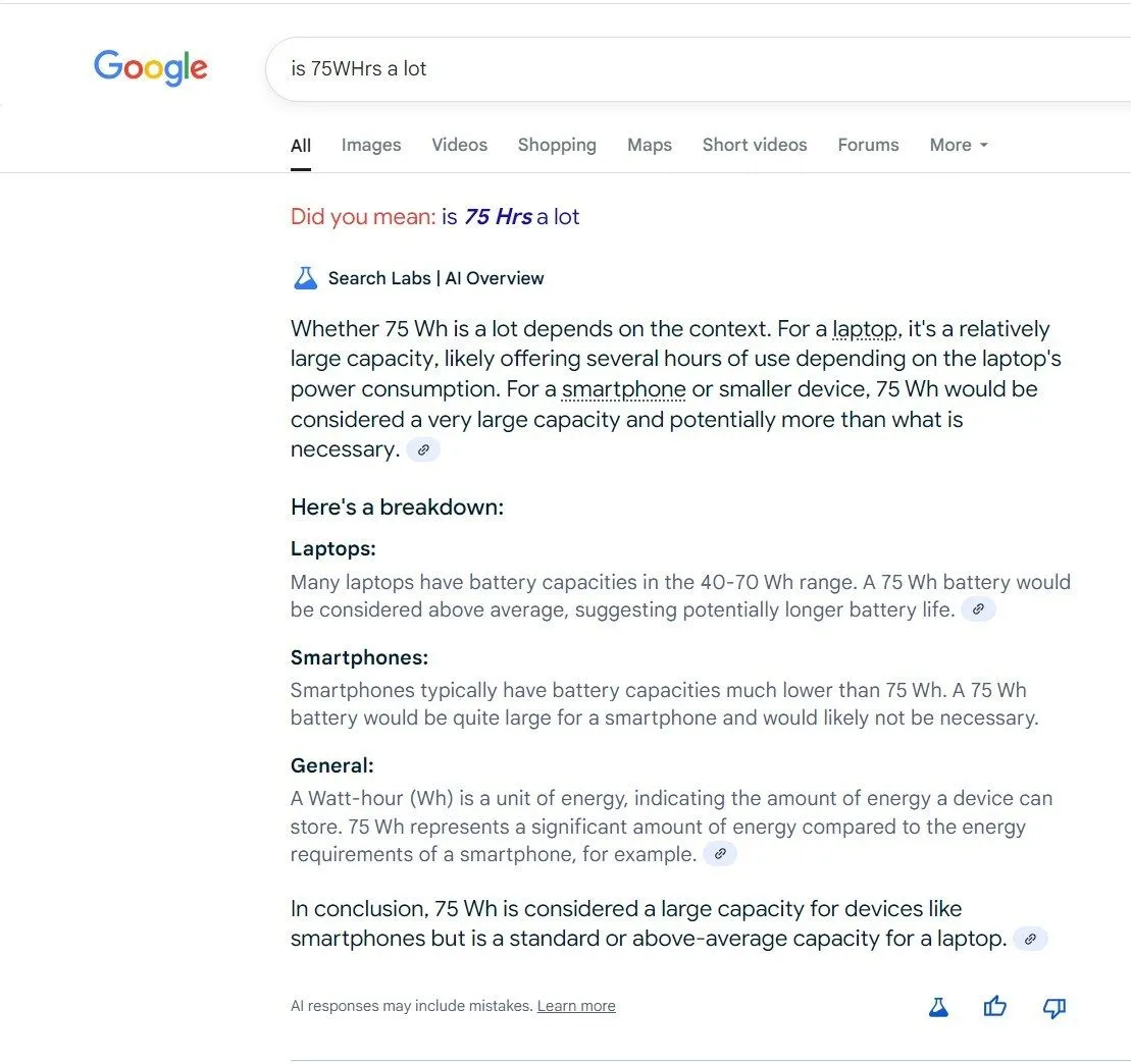 Ví dụ AI Overview của Google hiển thị thông tin không chính xác về dung lượng pin 75Wh dành cho điện thoại thông minh thay vì laptop