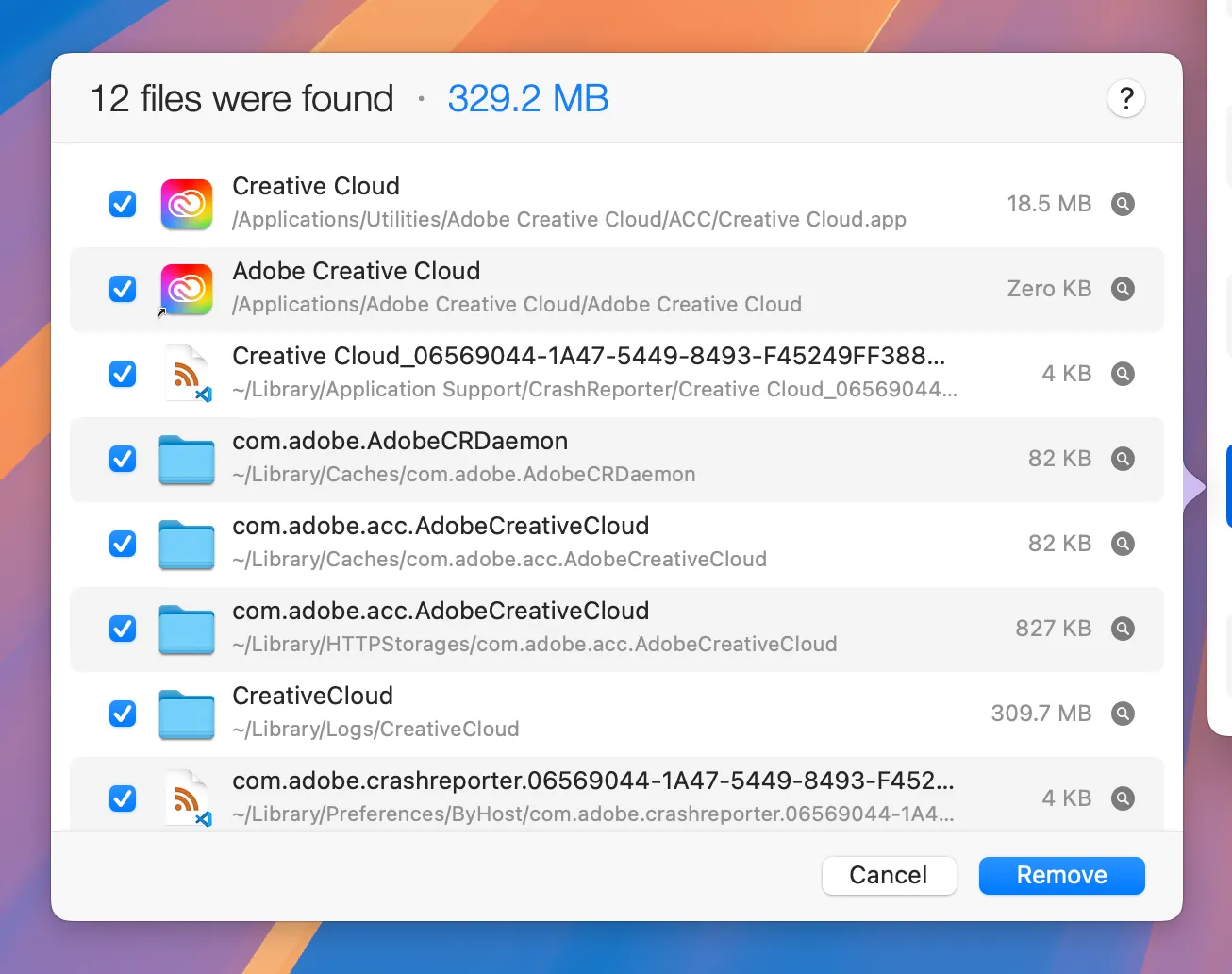 Ví dụ về các tệp tin còn sót lại của Adobe Creative Cloud sau khi gỡ cài đặt ứng dụng thông thường.