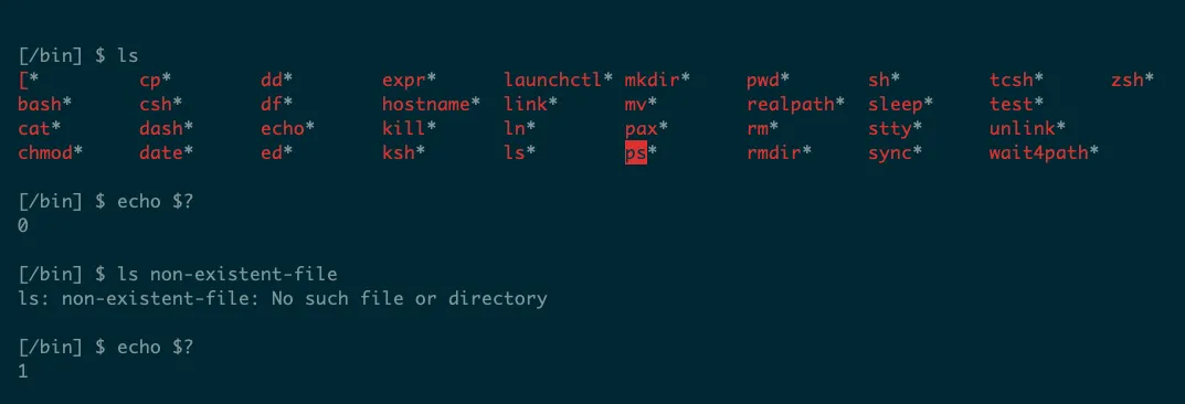 Ví dụ về mã thoát 0 khi lệnh ls thành công và mã thoát 1 khi lệnh ls thất bại trong Linux.