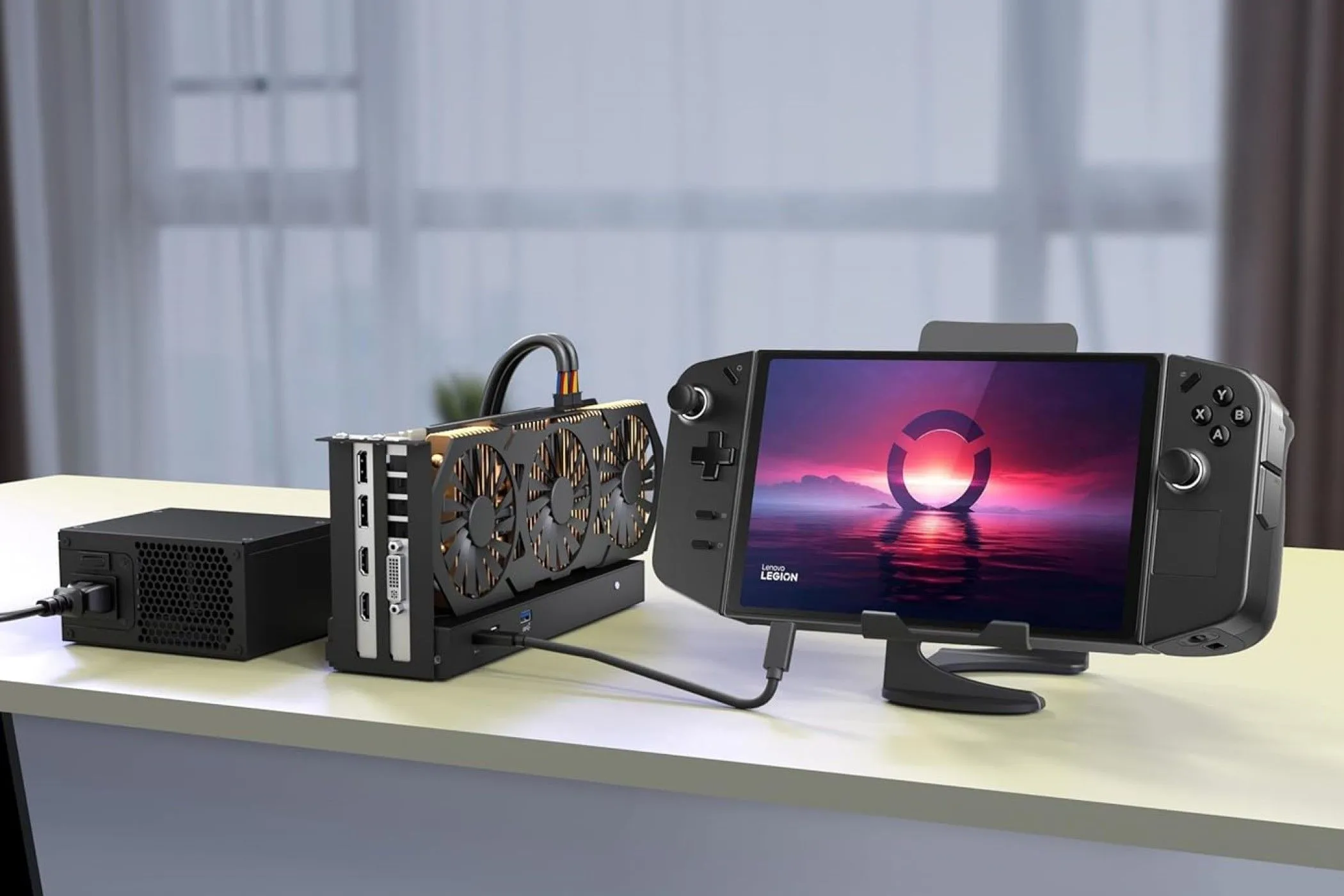 Vỏ eGPU TREBLEET Thunderbolt 3 với card đồ họa và PSU kết nối tới Lenovo Legion Go, minh họa giải pháp đồ họa rời cho PC cầm tay.