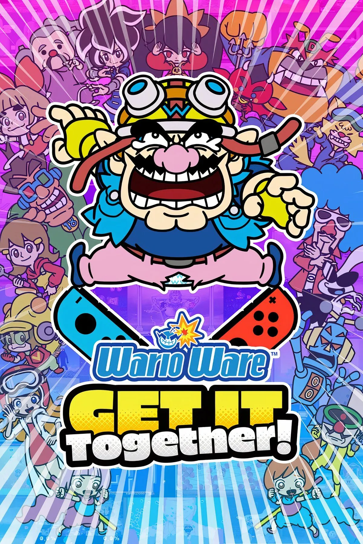 Wario và các nhân vật của mình trong một màn hình game WarioWare: Get It Together! với nhiều minigame vui nhộn đang diễn ra cùng lúc trên Nintendo Switch.
