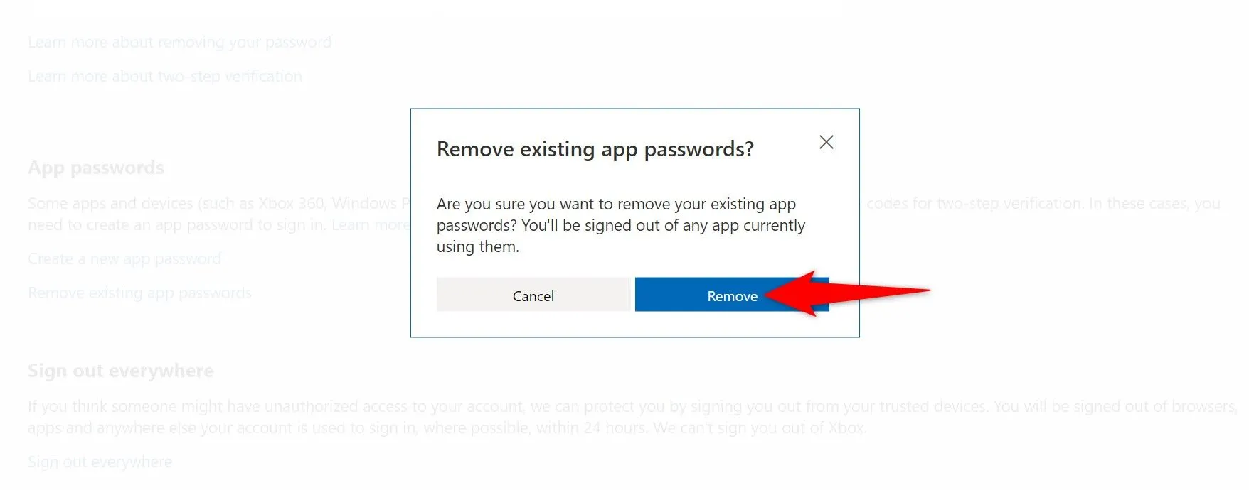 Xóa tất cả mật khẩu ứng dụng trên Microsoft