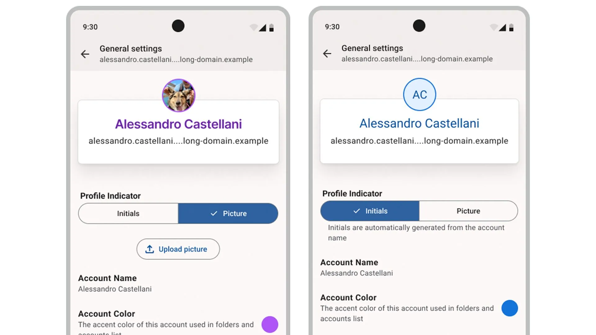 Ảnh mockup giao diện ngăn kéo tài khoản (account drawer) mới của ứng dụng Thunderbird trên Android với bố cục cải tiến và tùy chọn gán ảnh đại diện.