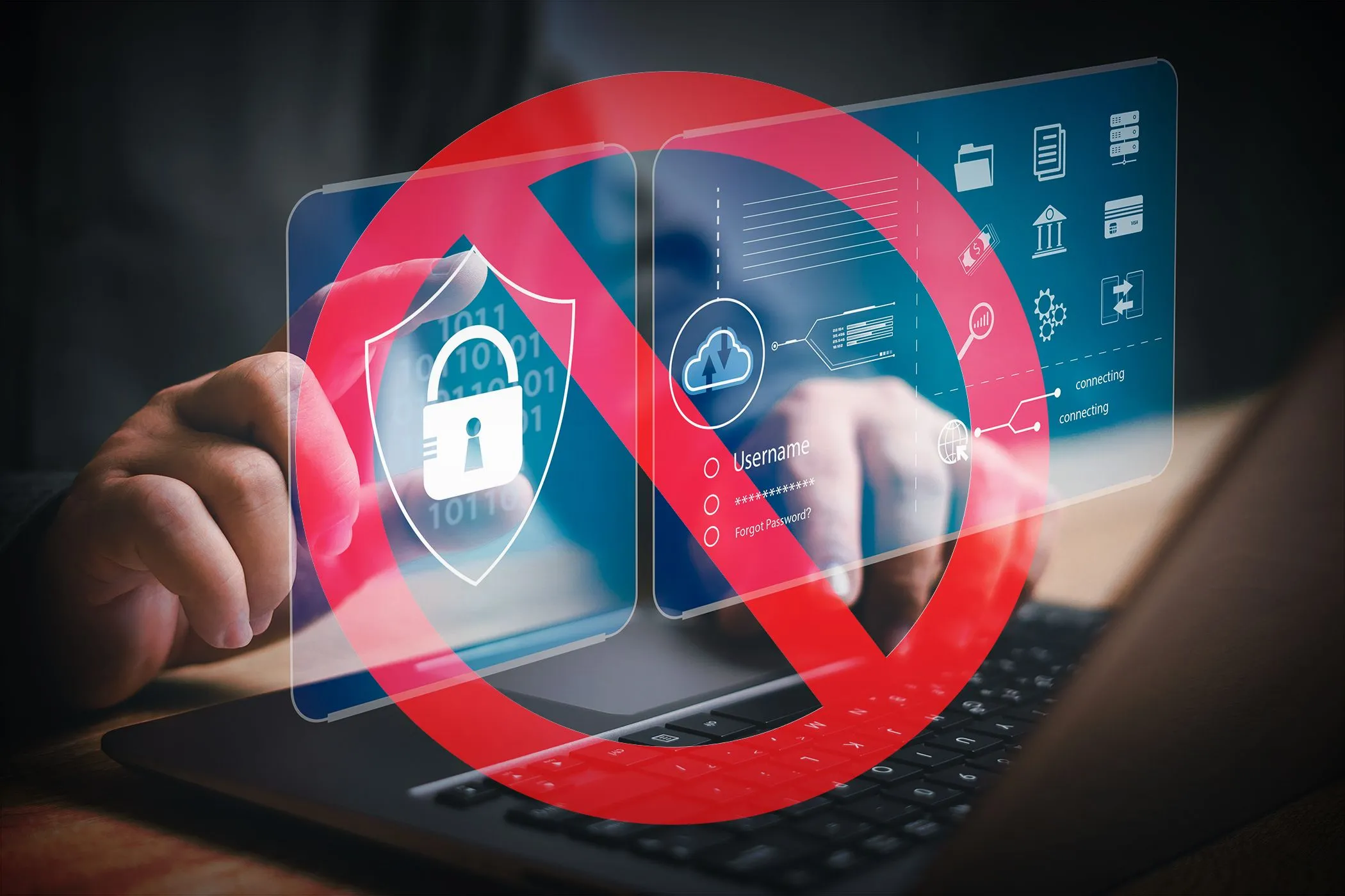 Bàn tay gõ laptop với dấu cấm màu đỏ trên các biểu tượng bảo mật, tượng trưng cho việc kiểm soát chủ quyền kỹ thuật số.