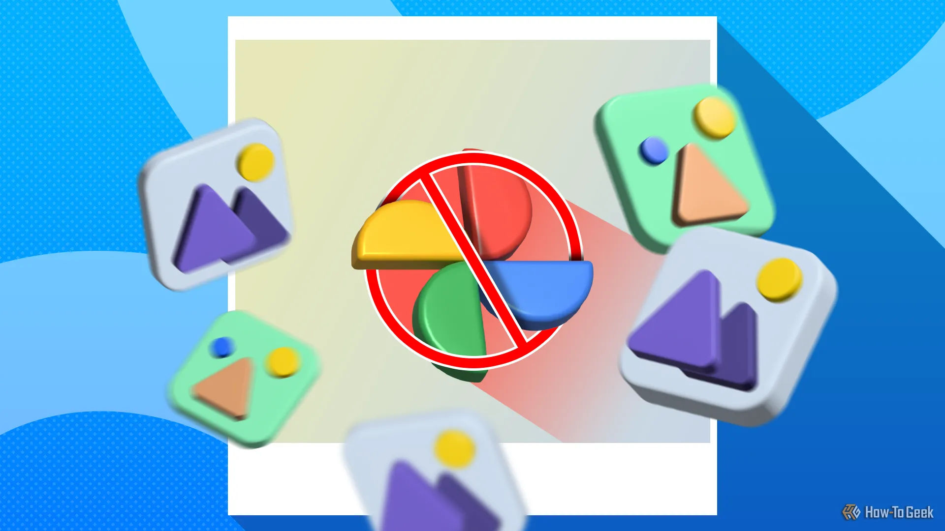 Biểu tượng Google Photos bị gạch chéo với các hình ảnh xung quanh, thể hiện việc thay thế bằng Immich để tự host ảnh.