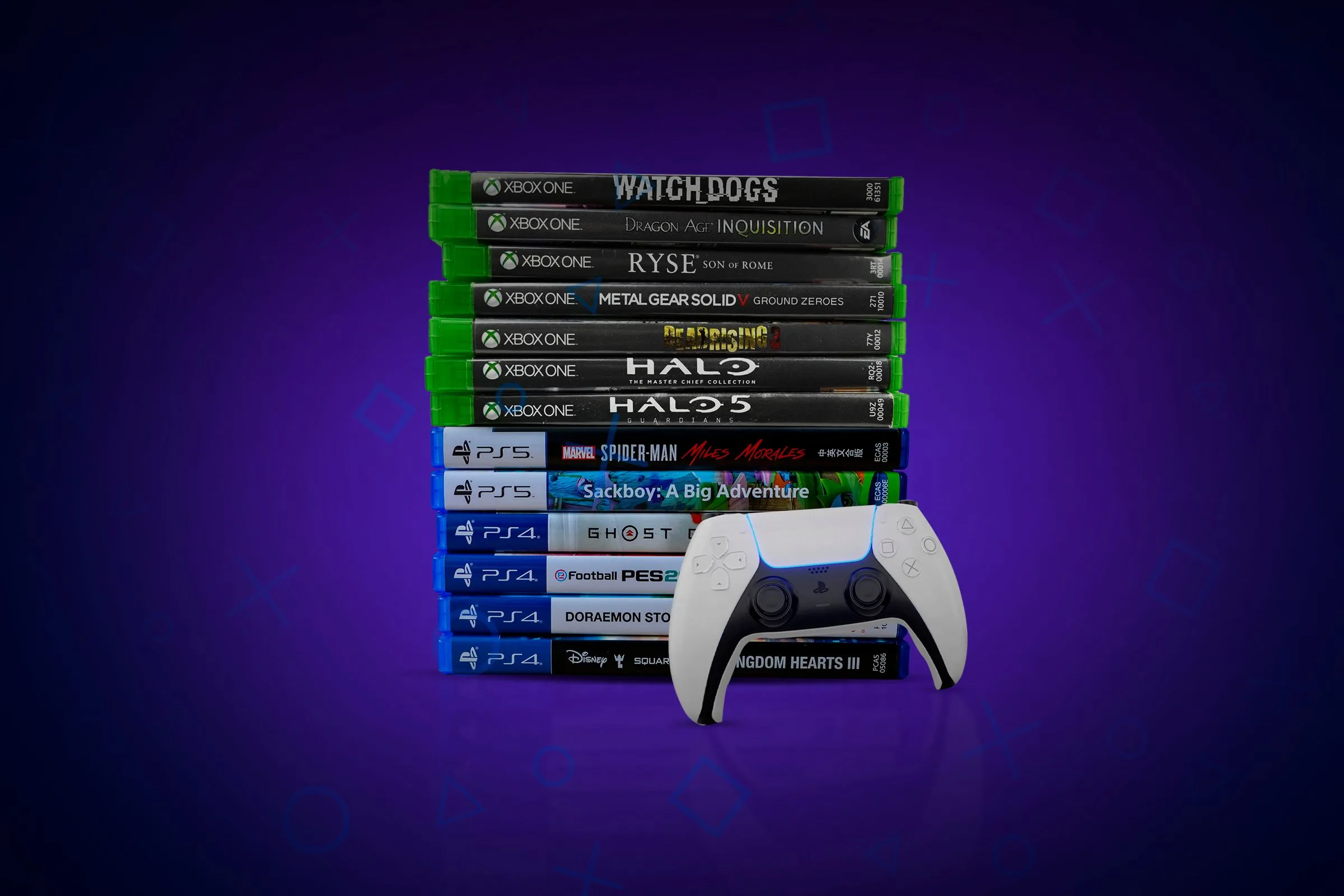 Bộ sưu tập game vật lý cho Xbox và PlayStation cùng tay cầm PS5, minh họa giá trị của việc sở hữu game đĩa.