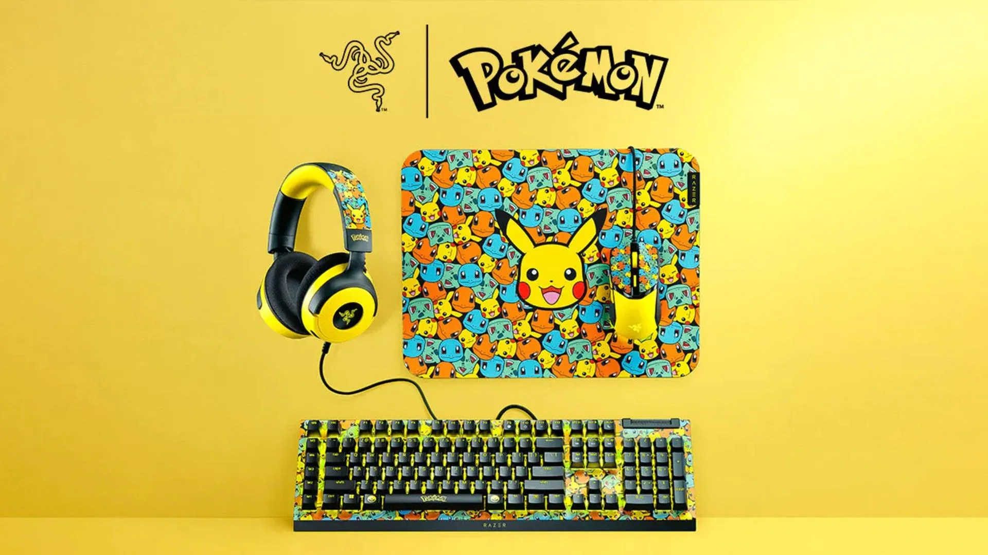 Bộ sưu tập gaming gear Razer Pokémon bao gồm bàn phím, chuột và pad chuột với chủ đề Pikachu