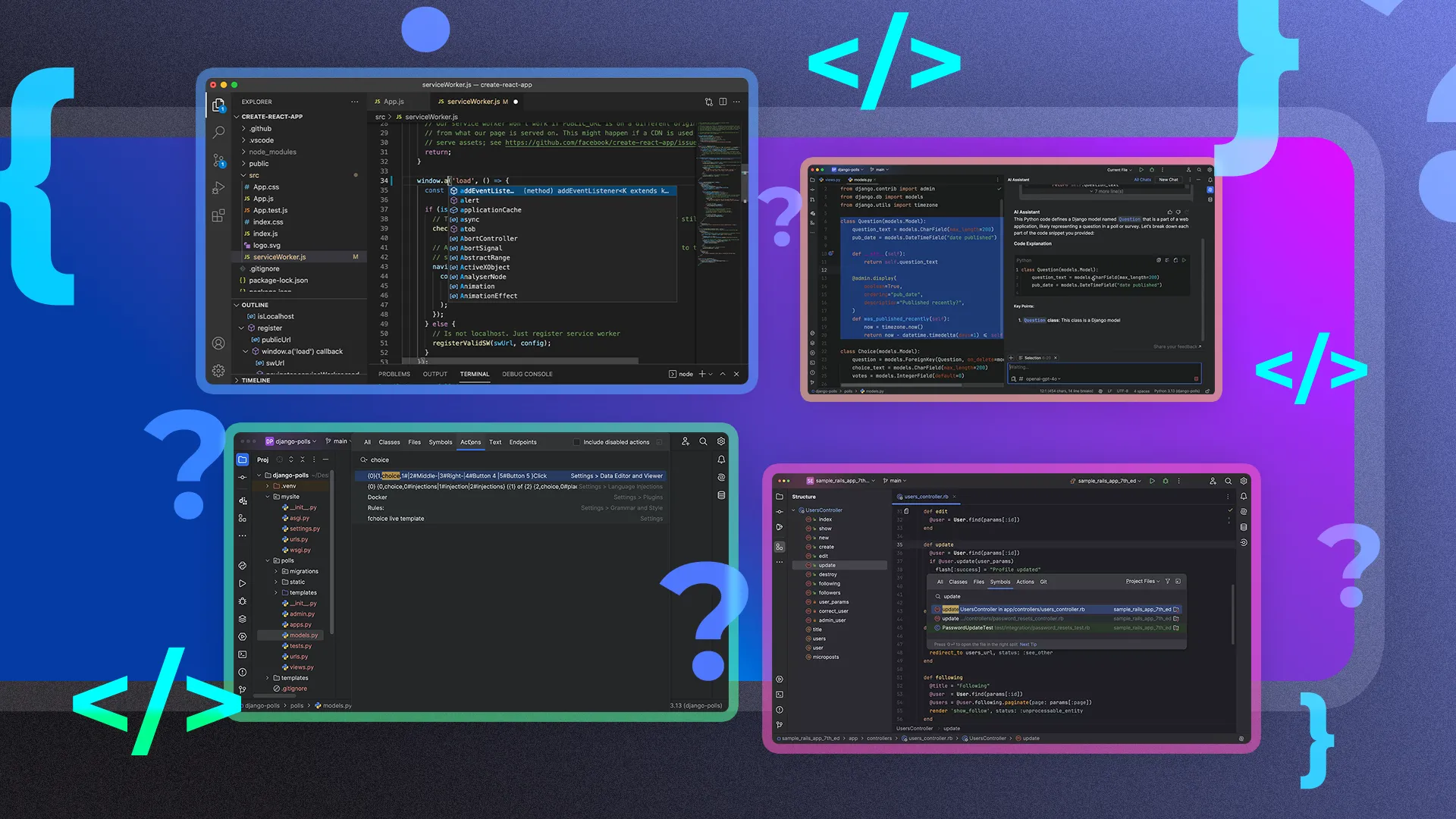 Các IDE cạnh nhau với dấu chấm hỏi xung quanh