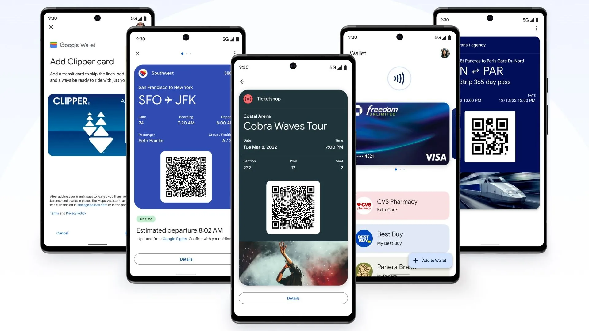 Các loại thẻ và vé được hỗ trợ bởi Google Wallet, bao gồm thẻ ngân hàng, ID, vé sự kiện và vé máy bay