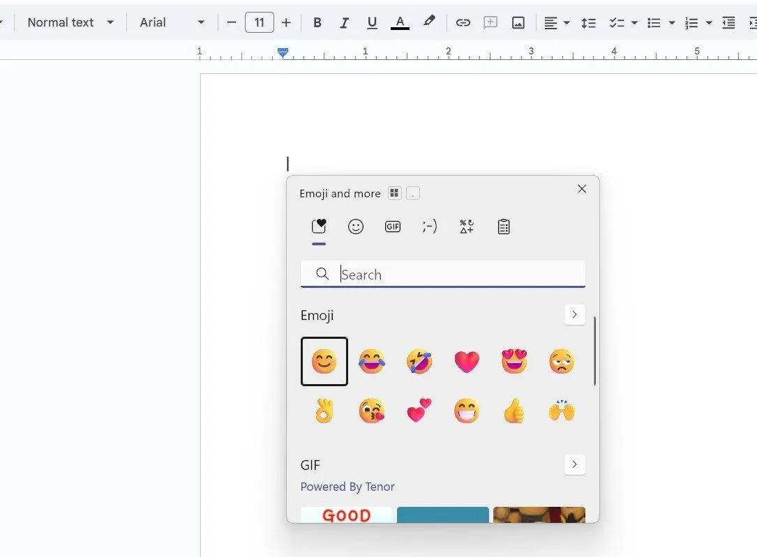 Cửa sổ bộ chọn biểu tượng cảm xúc (emoji picker) của Windows 11, hiển thị các biểu tượng, GIF và ký hiệu.