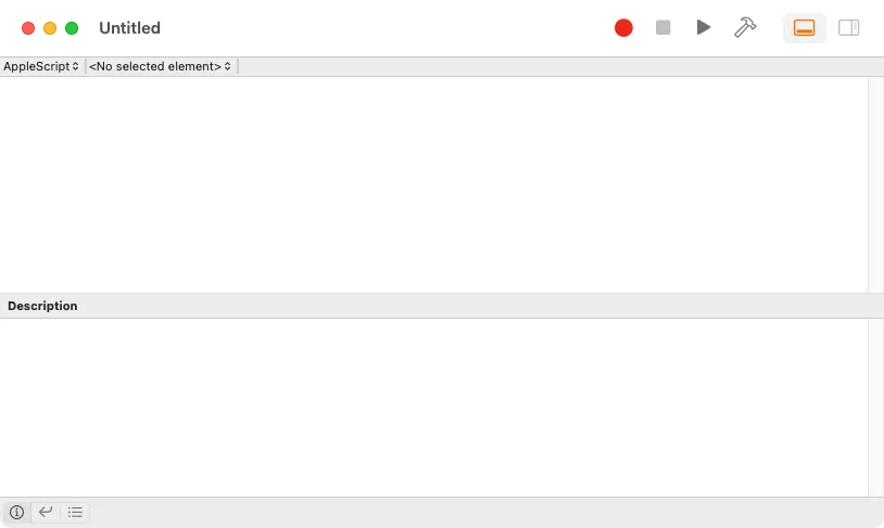 Cửa sổ Script Editor trống trên macOS hiển thị các biểu tượng ghi và phát phía trên hộp văn bản trống.