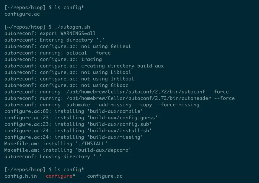 Đầu ra từ script autogen.sh đang chạy trong mã nguồn của kho lưu trữ htop, cho thấy nó tạo ra một script configure.