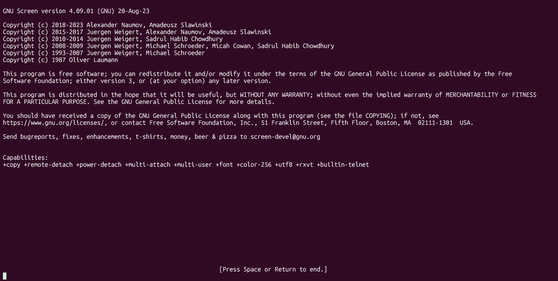 Giao diện GNU Screen đang chạy trên Ubuntu WSL, hiển thị một trong những terminal multiplexer lâu đời nhất.