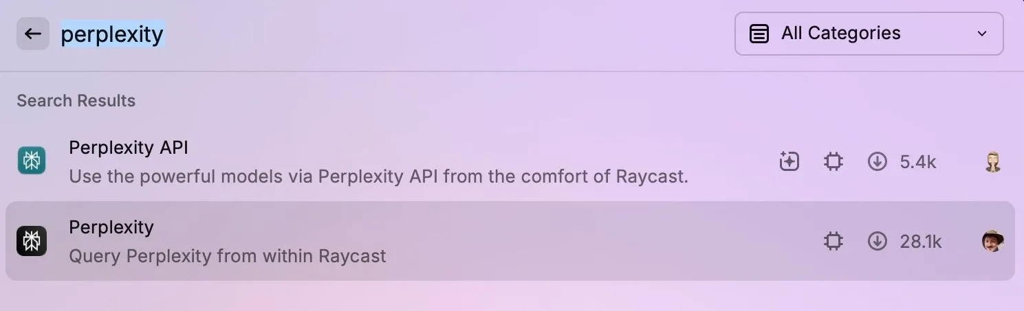 Giao diện tìm kiếm và cài đặt tiện ích chatbot Perplexity AI qua Raycast
