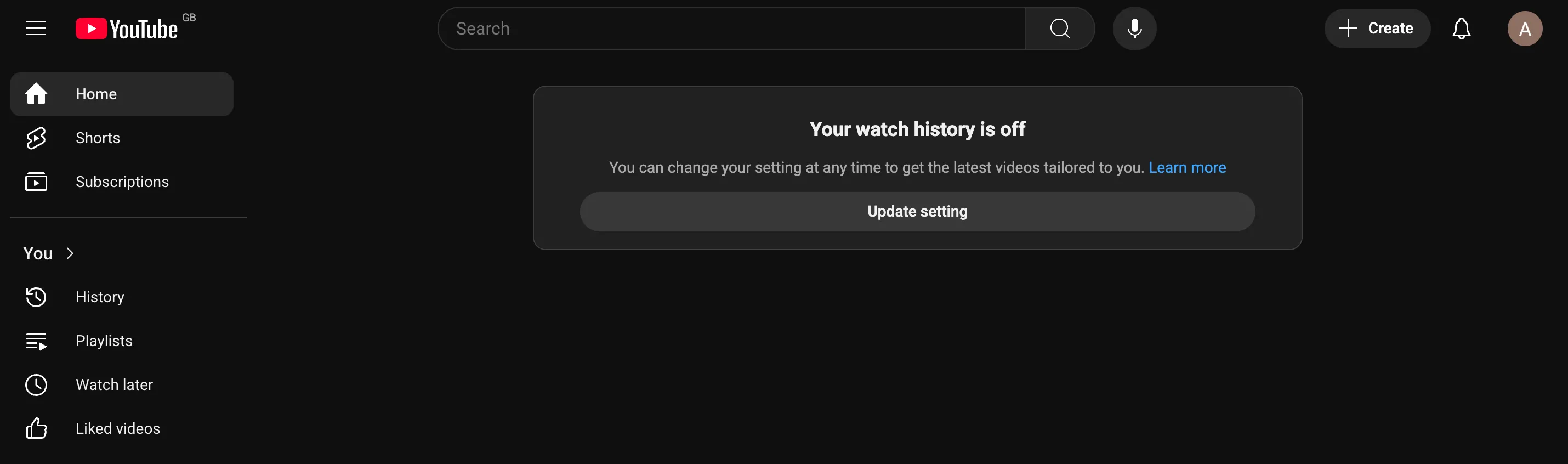 Giao diện YouTube khi tính năng lịch sử xem đã bị tắt.