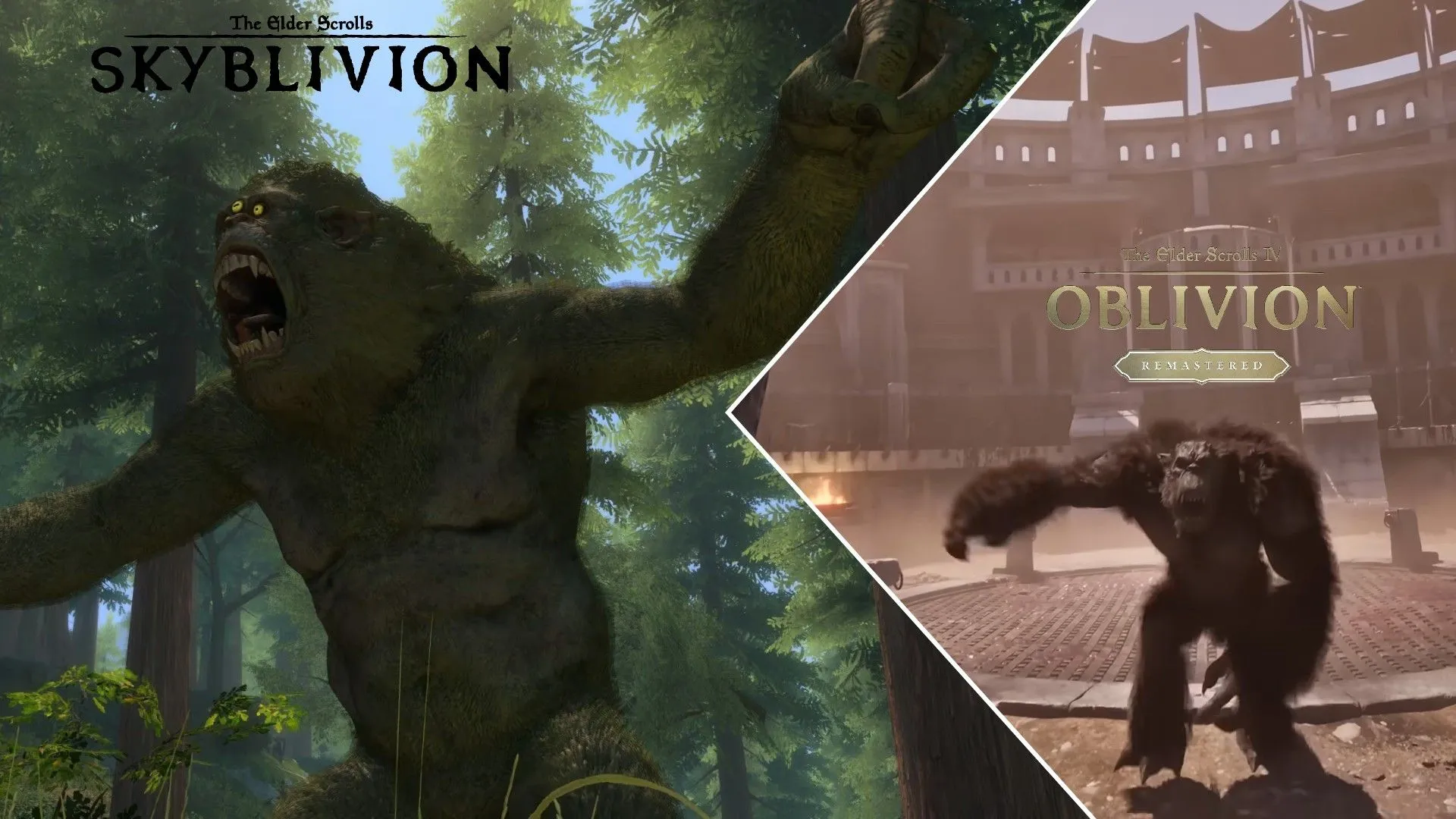 Hai hình ảnh so sánh: bên phải là một con troll trong đấu trường từ The Elder Scrolls IV Oblivion Remastered, bên trái là một con troll trong rừng từ Skyblivion