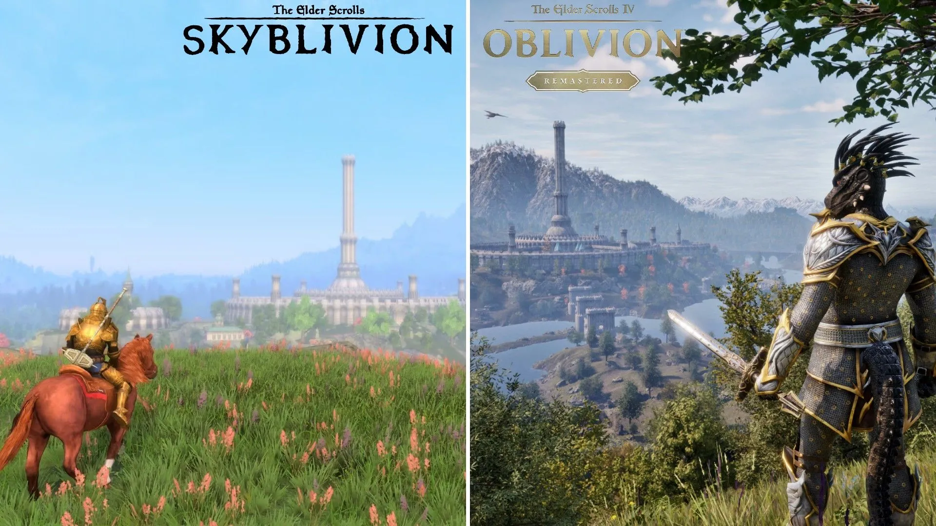 Hai hình ảnh so sánh người chơi trước thành phố Imperial: bên phải từ The Elder Scrolls IV Oblivion Remastered, bên trái từ Skyblivion