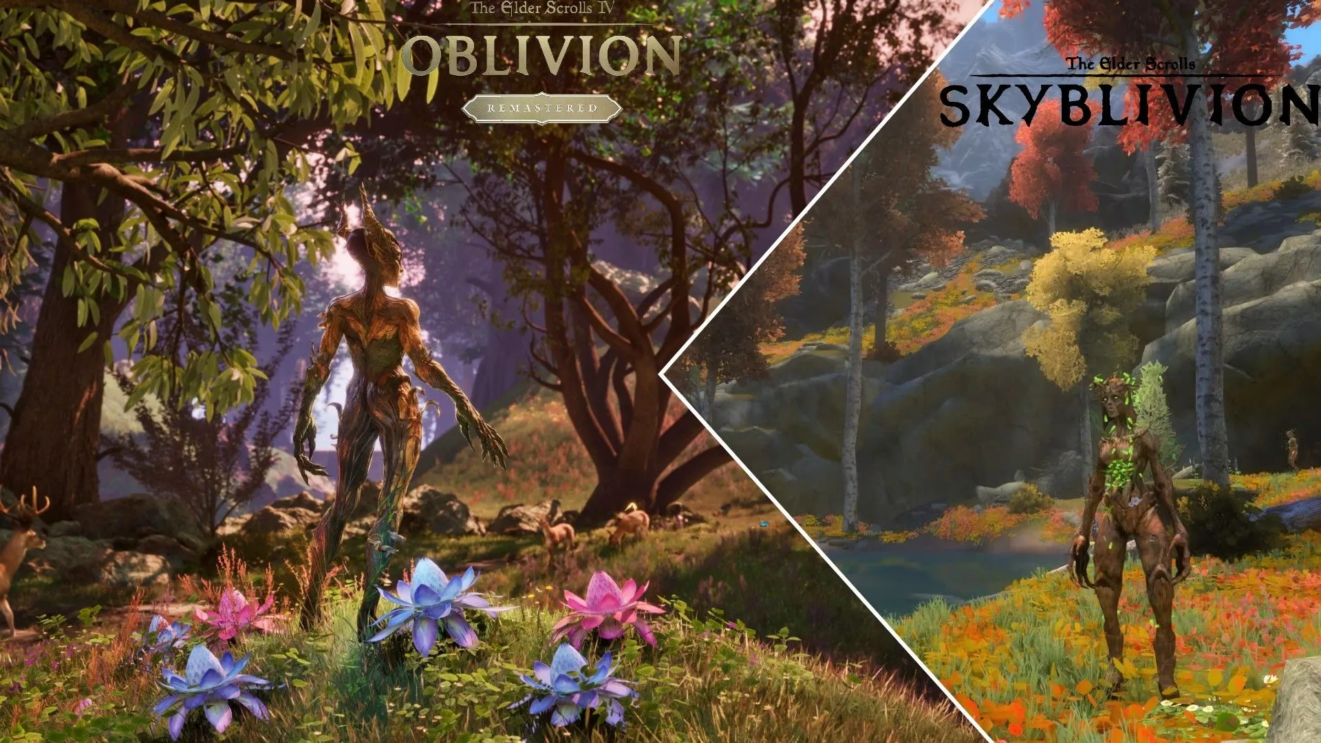 Hai hình ảnh so sánh Spriggon trong rừng: bên trái từ The Elder Scrolls IV Oblivion Remastered, bên phải từ Skyblivion