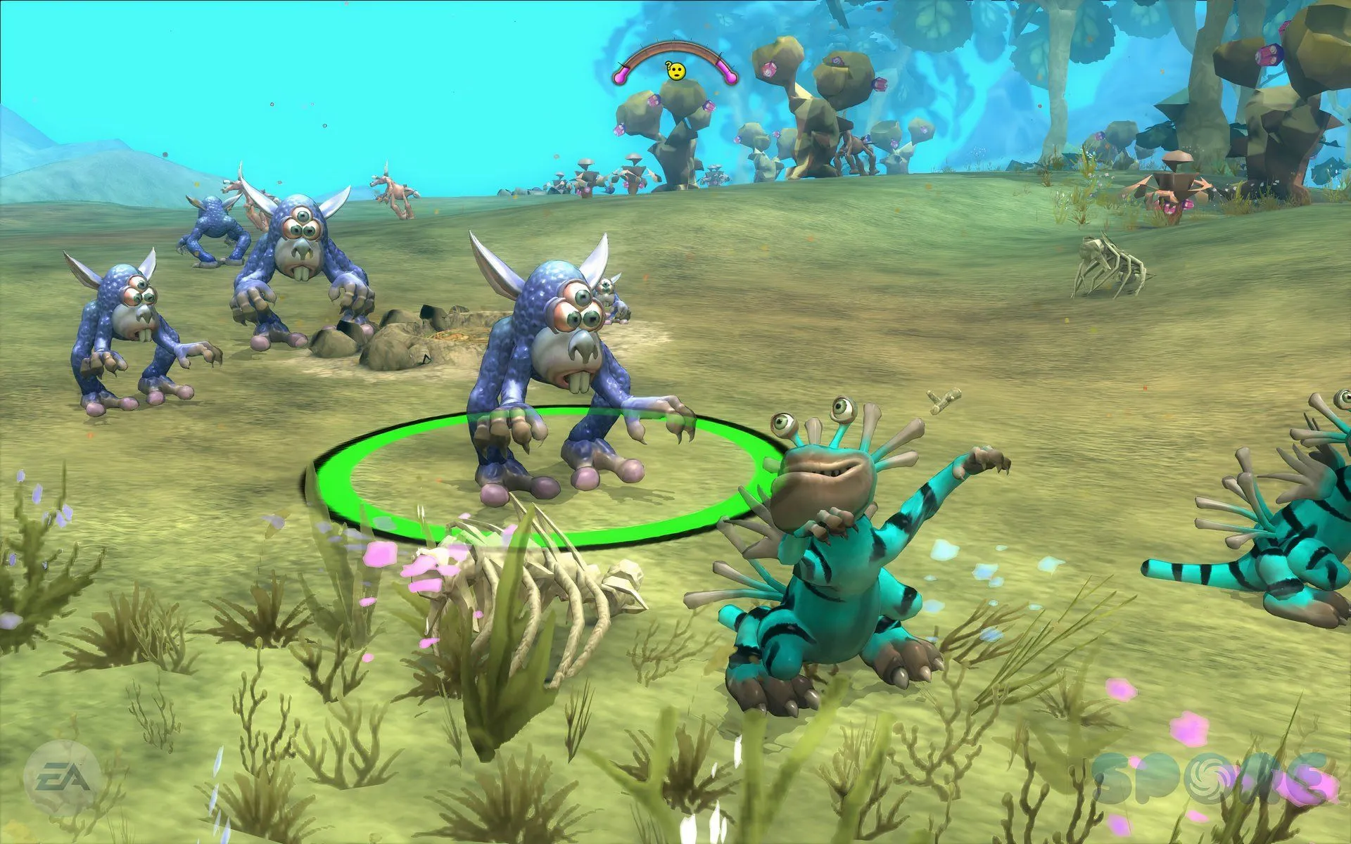 Hai sinh vật được tạo hình độc đáo trong game Spore đang tương tác trong môi trường.