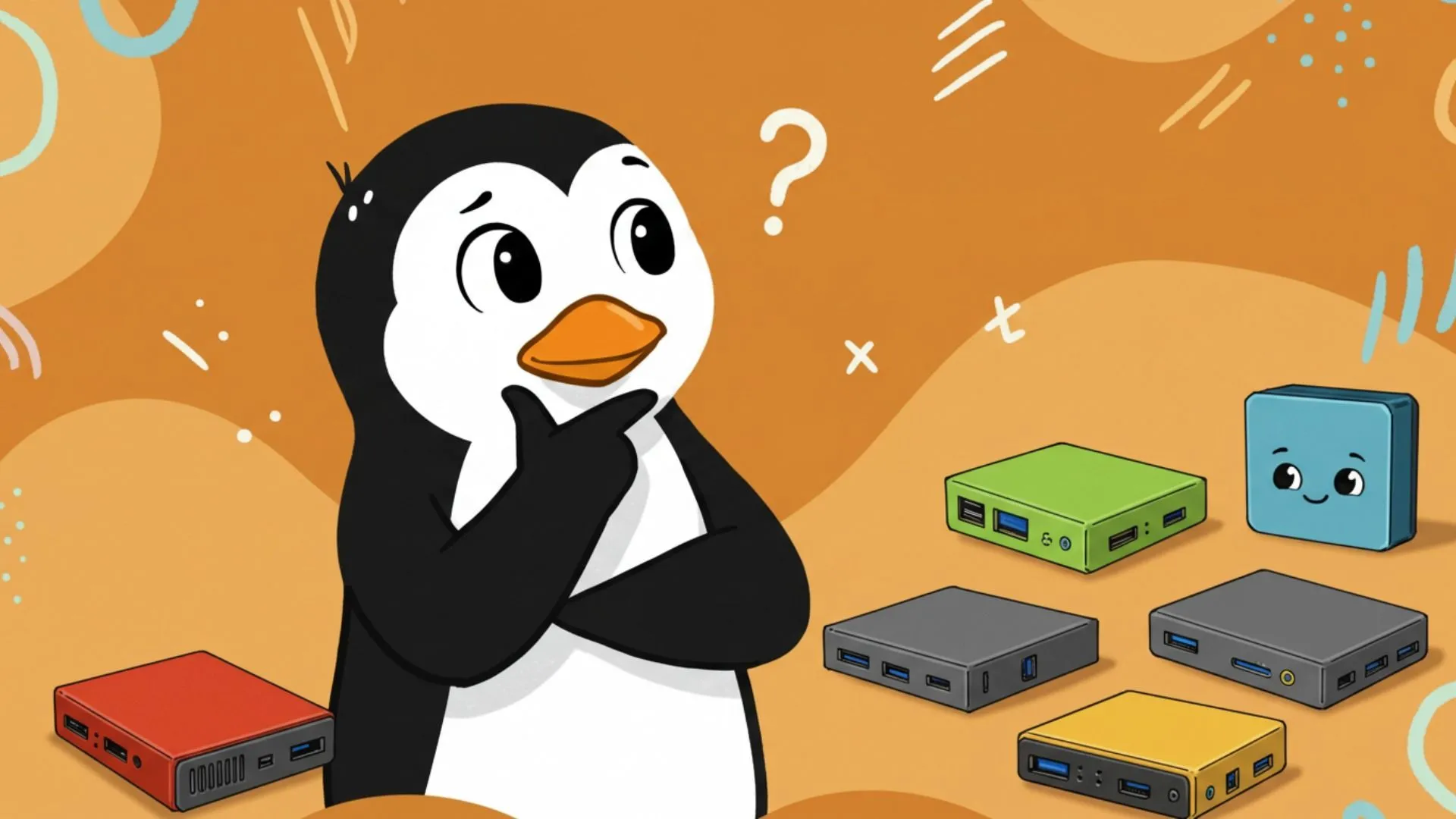 Hình ảnh chú linh vật Linux Tux đang nghiên cứu các máy tính mini