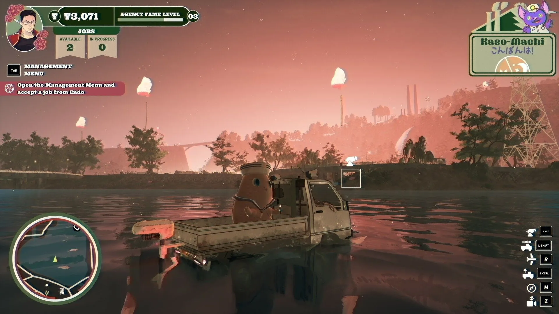 Hình ảnh xe tải của Michi đang lái trên hồ nước trong thế giới mở 3D của Promise Mascot Agency, thể hiện yếu tố khám phá và thu thập đồ vật kiểu PS2.