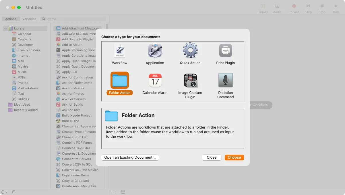 Hộp thoại yêu cầu người dùng chọn loại tài liệu, từ các tùy chọn như Workflow và Quick Action.