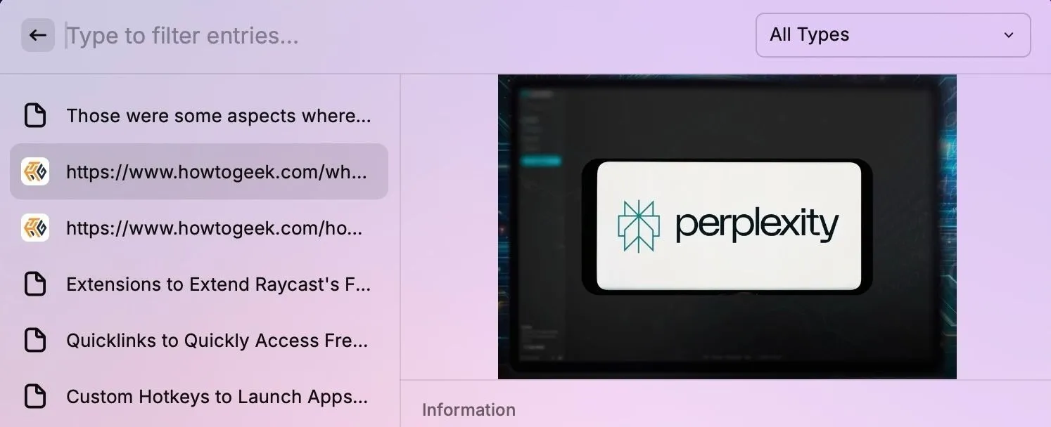 Kiểm tra lịch sử clipboard trong tìm kiếm Raycast trên Mac