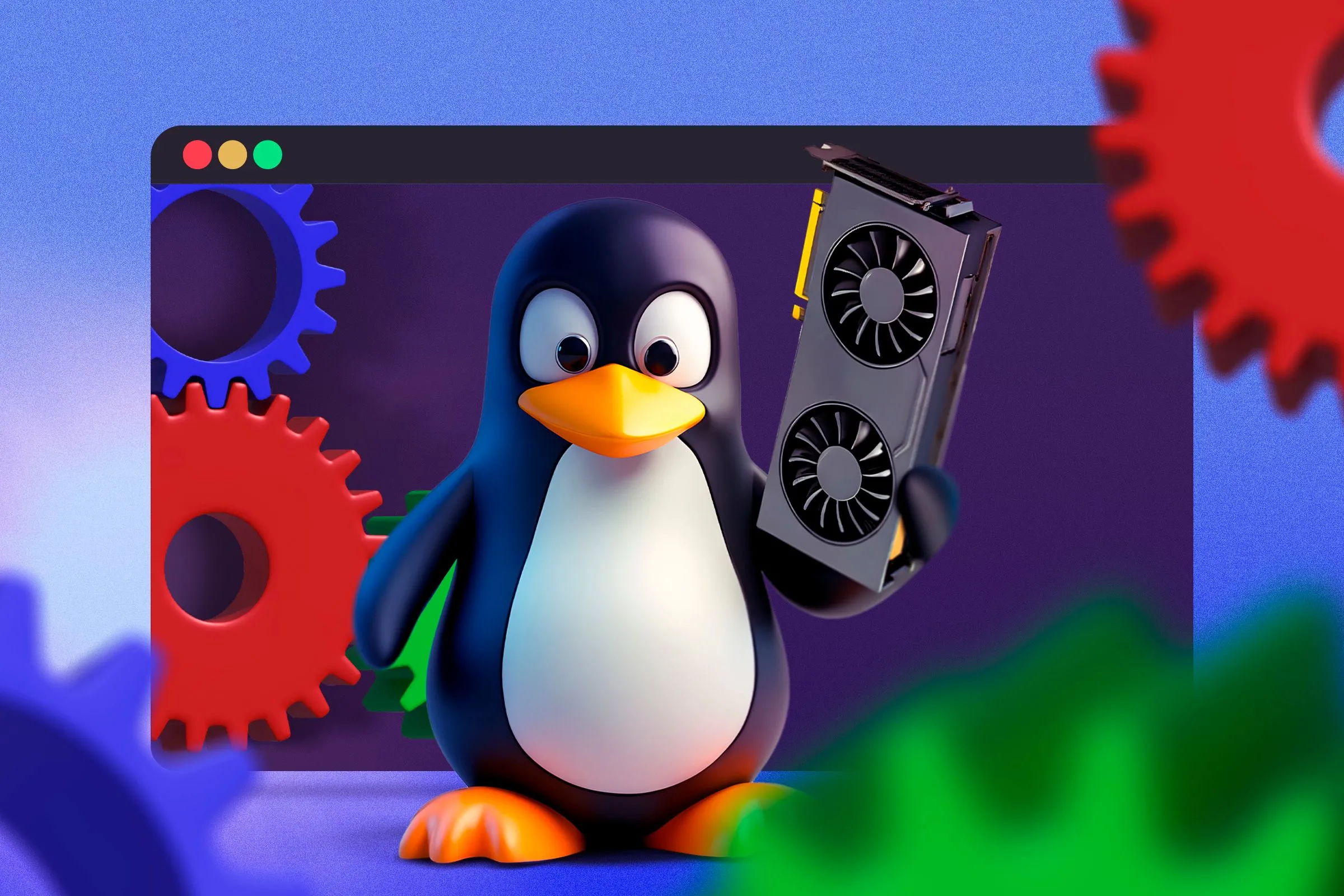 Linh vật Linux Tux đang cầm một GPU với các bánh răng ở hậu cảnh, thể hiện khả năng tương thích phần cứng và tối ưu hóa hệ thống