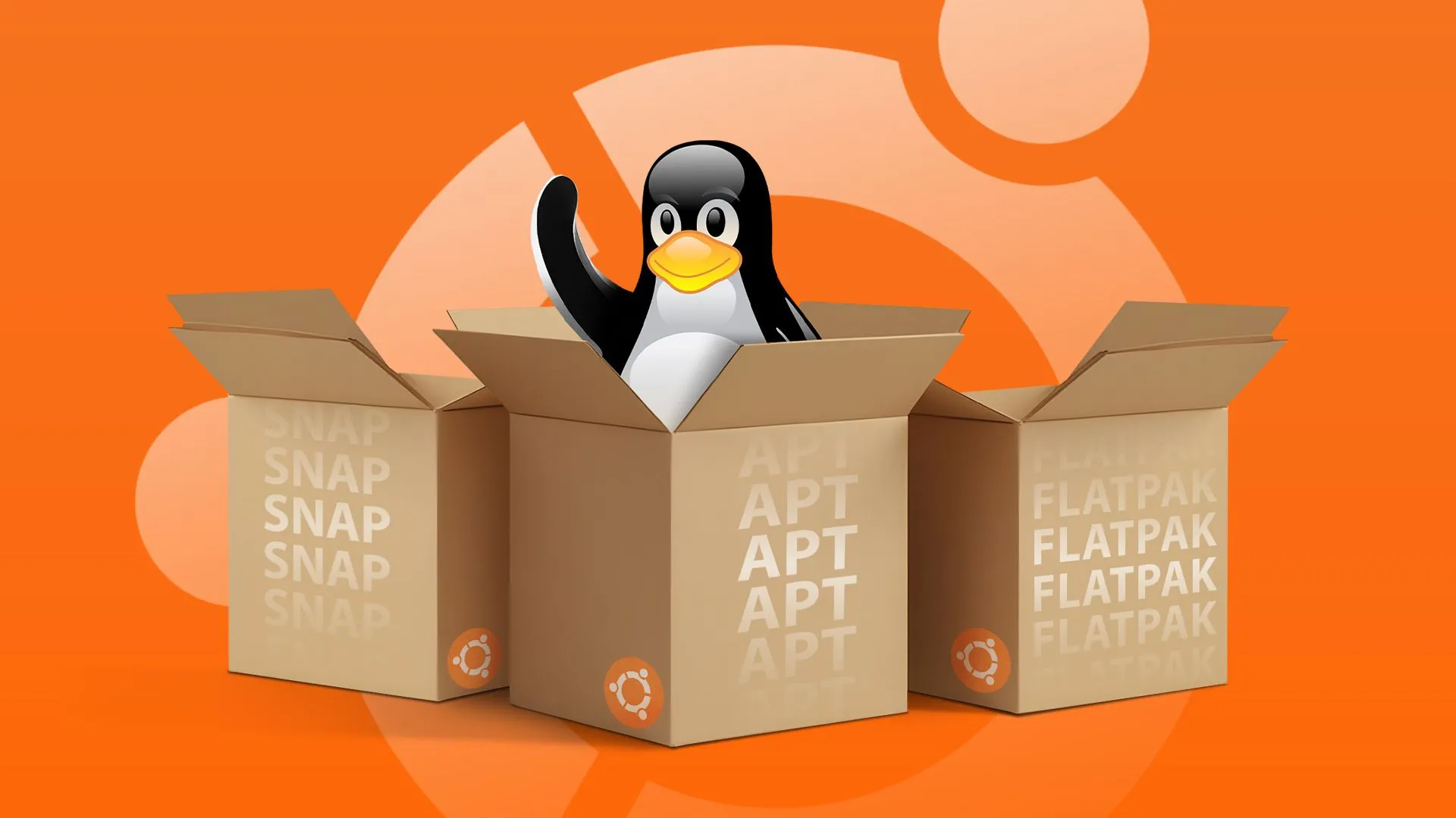 Linh vật Linux Tux trong một hộp, cùng với hai hộp khác và logo Ubuntu ở hậu cảnh, minh họa hệ thống quản lý gói của Linux