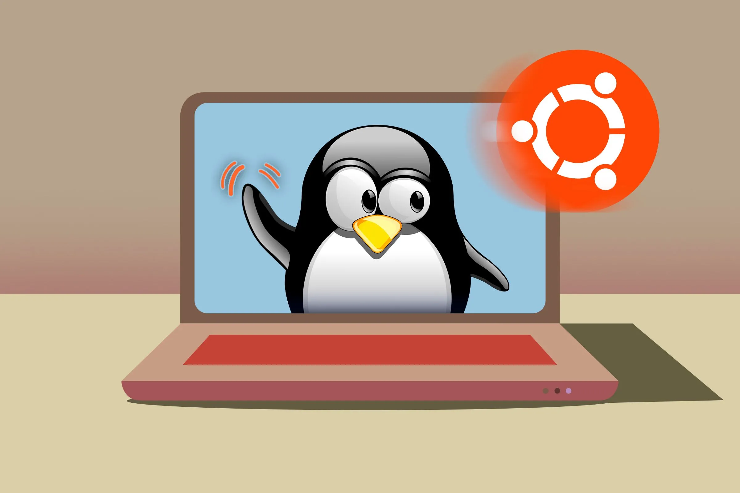 Linh vật Tux của Linux vẫy chào logo Ubuntu trên màn hình laptop, thể hiện sự đa dạng trong các bản phân phối