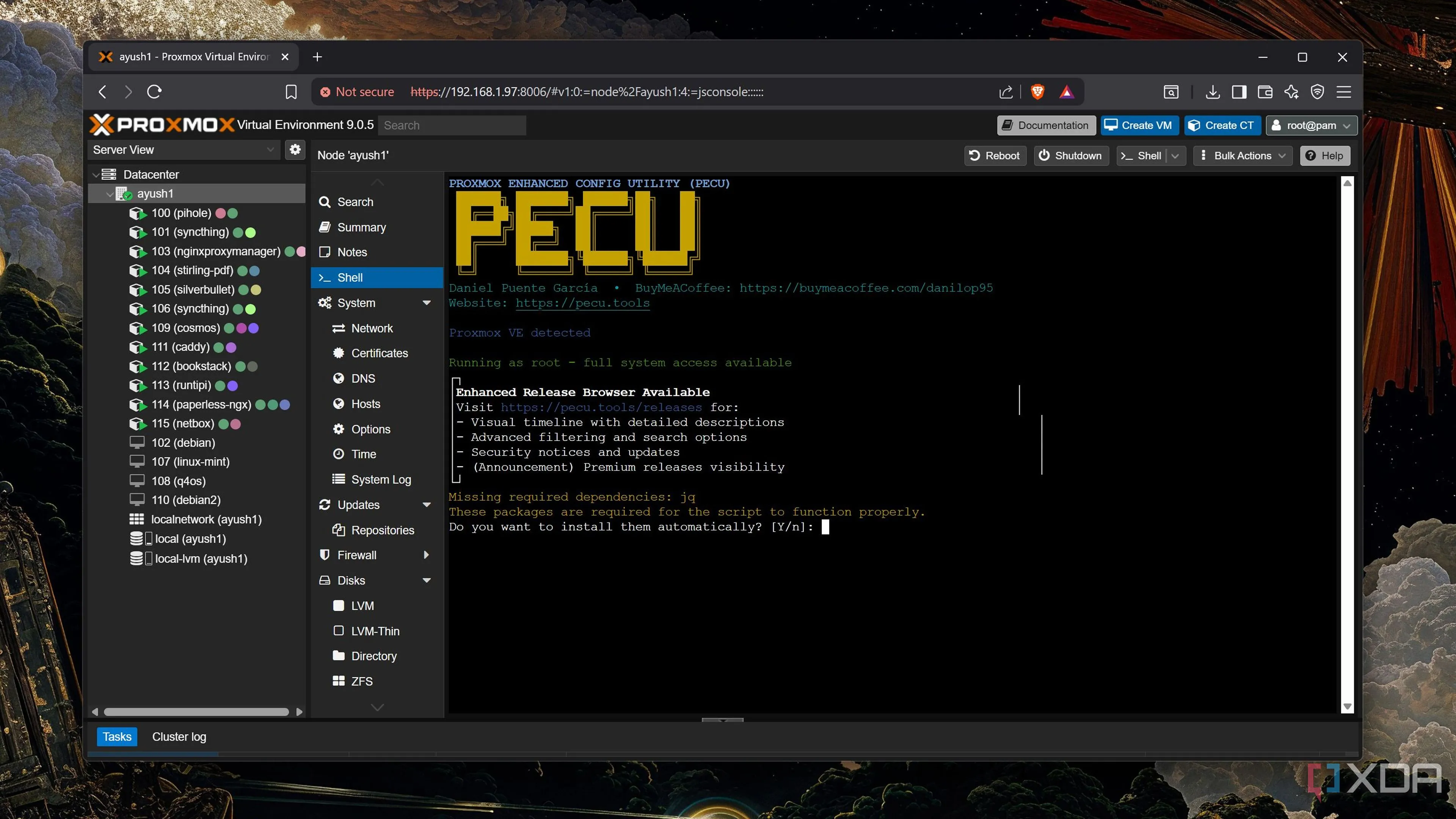 Màn hình hiển thị quá trình cài đặt các gói phụ thuộc cần thiết cho PECU trên Proxmox