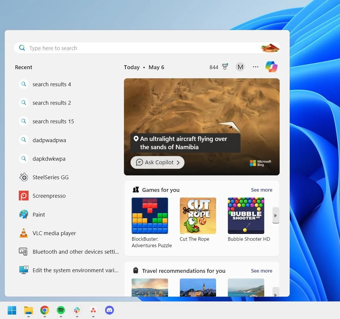 Màn hình Start Menu của Windows 11 với thanh tìm kiếm đã mở, minh họa chức năng tìm kiếm nhanh.