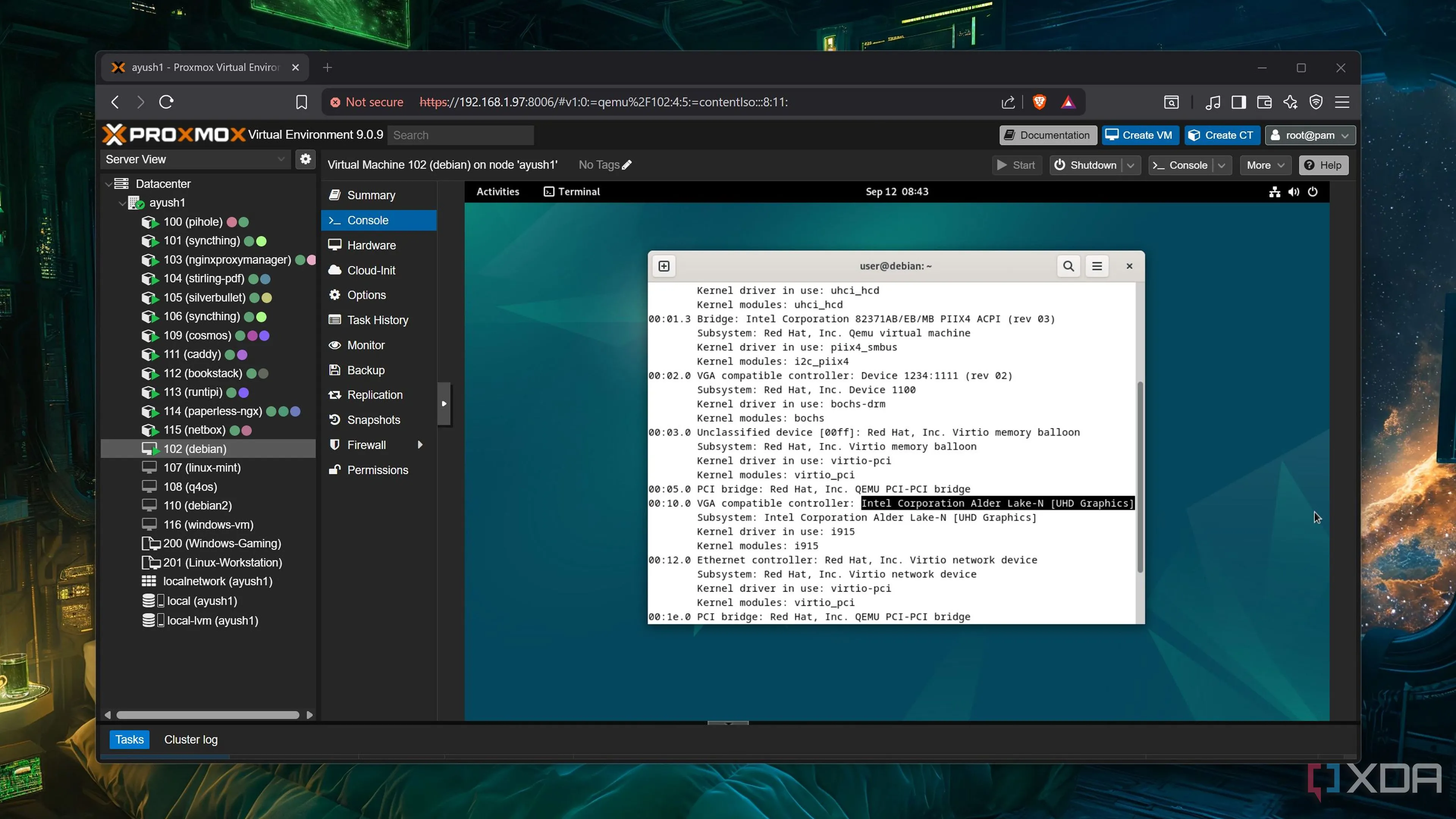 Máy ảo Debian phát hiện GPU được truyền vào trong môi trường Proxmox qua công cụ PECU