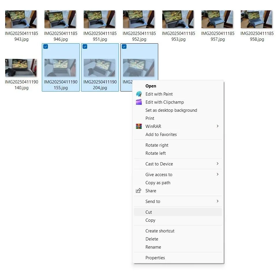 Menu ngữ cảnh của Windows hiển thị tùy chọn 'Cut' (Cắt), minh họa hành động di chuyển tệp.