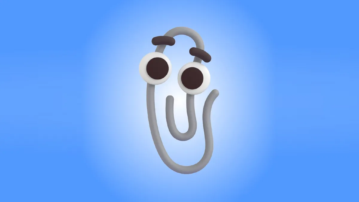 Microsoft Clippy, trợ lý kẹp giấy hoạt hình với đôi mắt lồi và lông mày, biểu tượng hỗ trợ trong các phiên bản Office cũ.