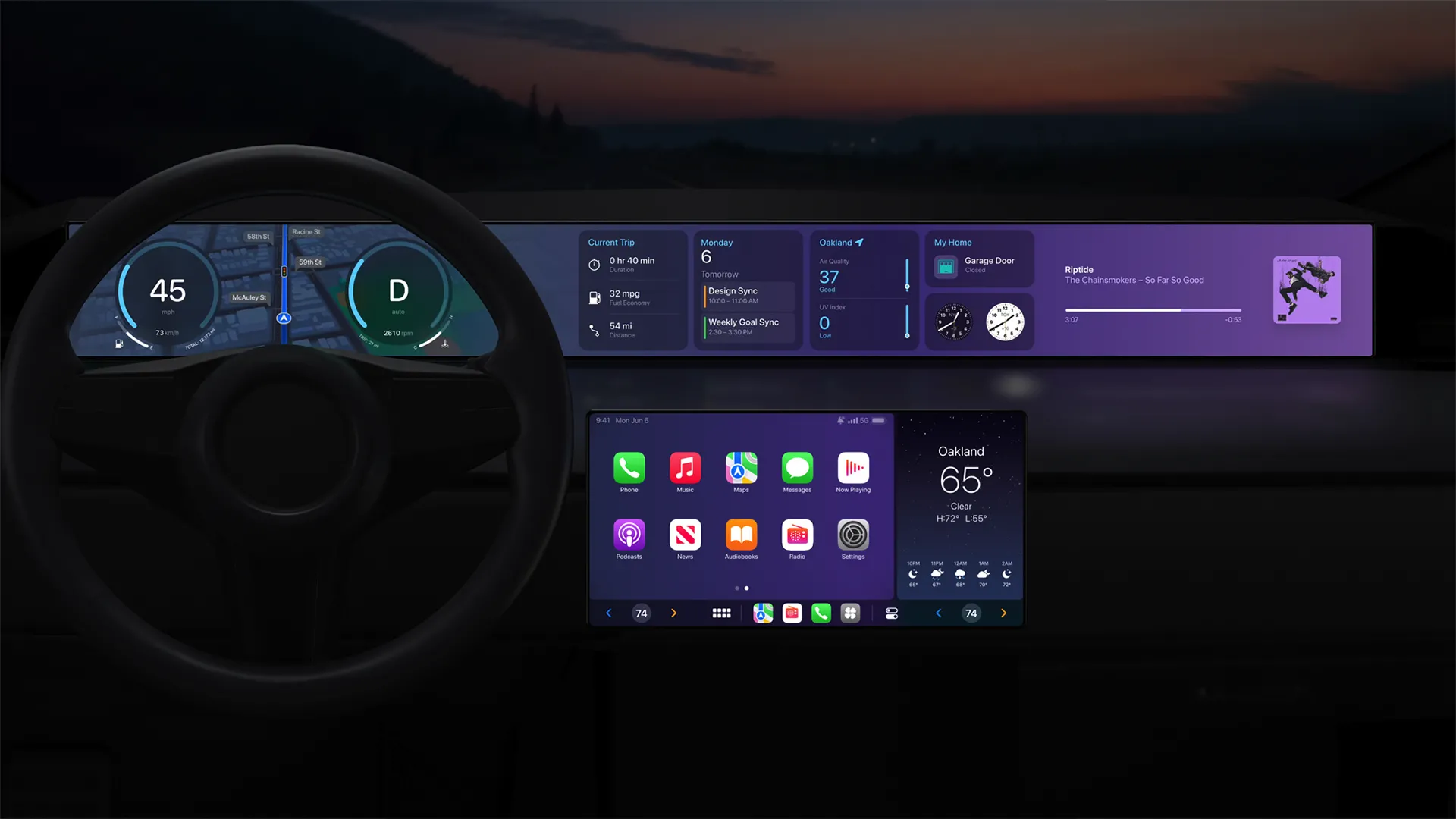 Mô phỏng thế hệ Apple CarPlay tiếp theo được Apple giới thiệu, hứa hẹn tích hợp sâu hơn vào hệ thống xe.