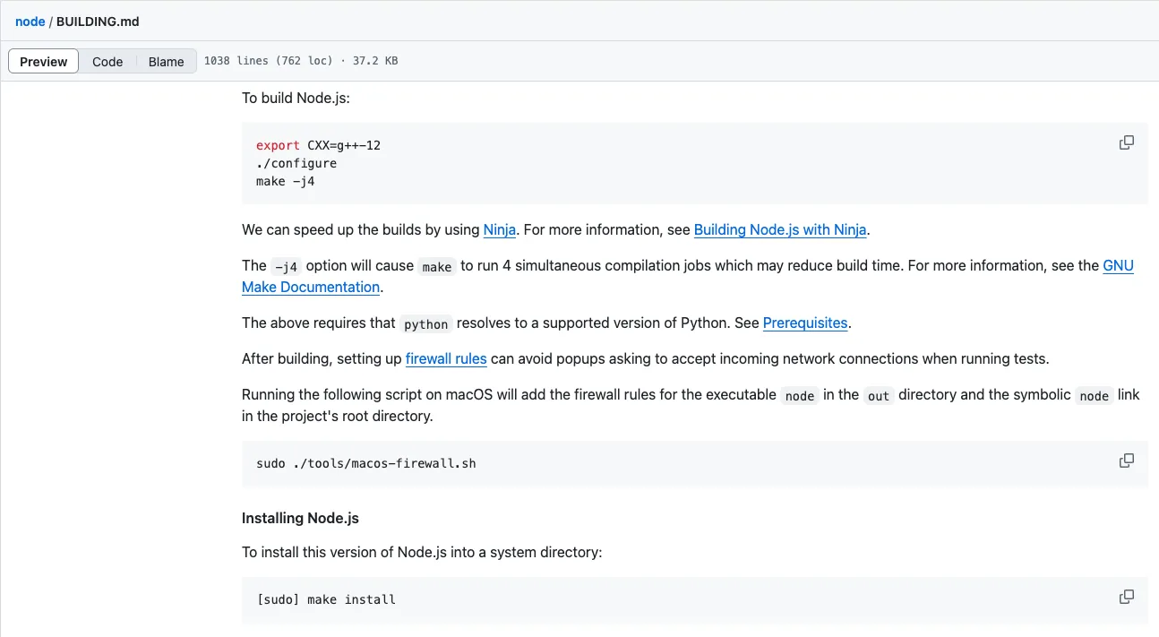 Một đoạn trích từ file BUILDING.md của Node.js giải thích quy trình ./configure, make, make install trong việc xây dựng ứng dụng.