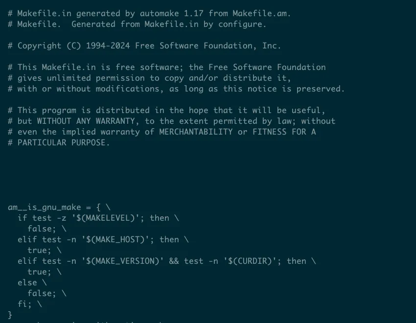 Một đoạn trích từ Makefile tự động tạo cho dự án htop, minh họa cấu trúc phức tạp của các Makefile được tạo tự động.