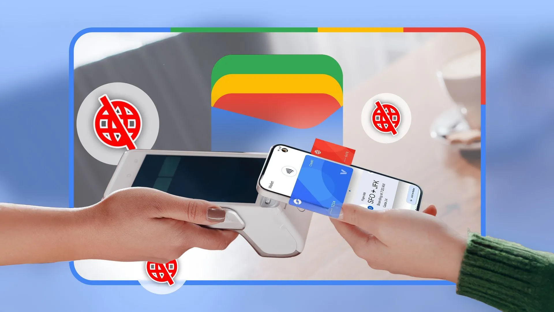 Người dùng thực hiện thanh toán qua NFC bằng điện thoại, có logo Google Wallet