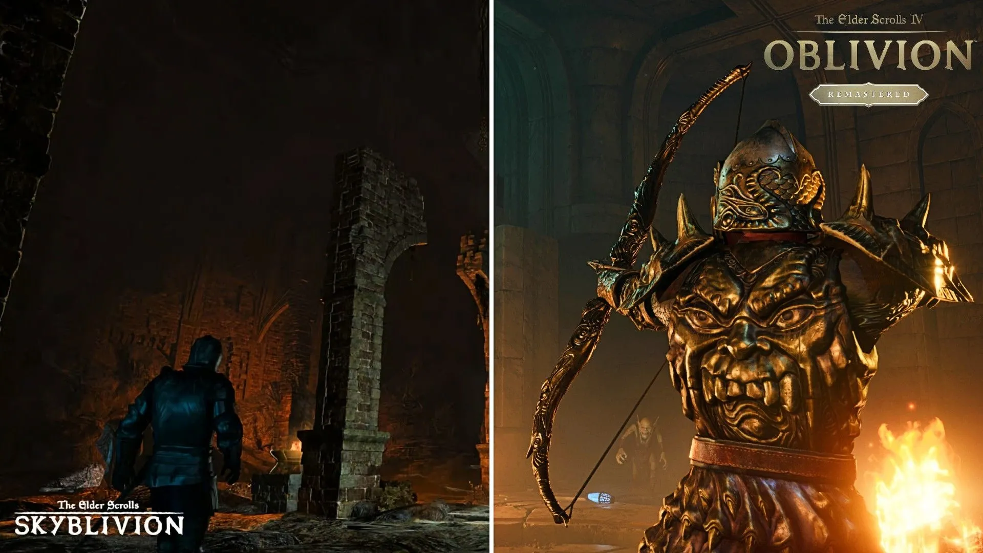 So sánh hình ảnh hai người chơi trong hầm ngục: bên phải từ The Elder Scrolls IV Oblivion Remastered, bên trái từ Skyblivion