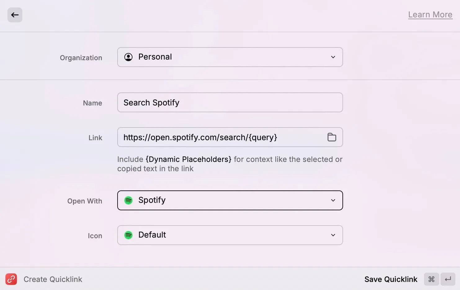 Tạo một Quicklink tùy chỉnh để tìm kiếm nhạc trên Spotify từ Raycast trên Mac