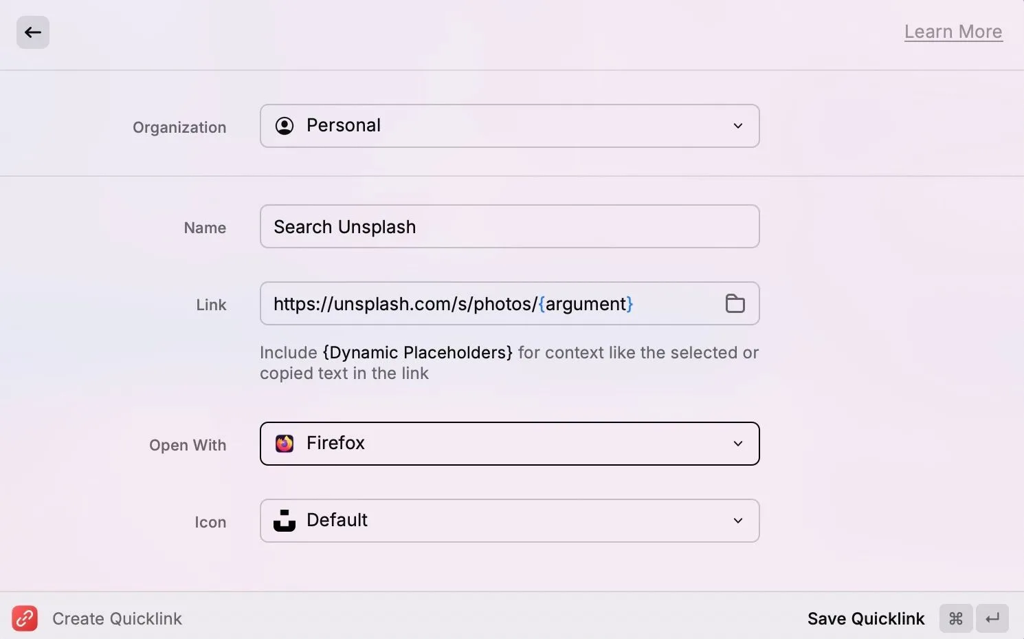 Thiết lập một Quicklink có sẵn trong Raycast, ví dụ tìm kiếm Unsplash, trên Mac