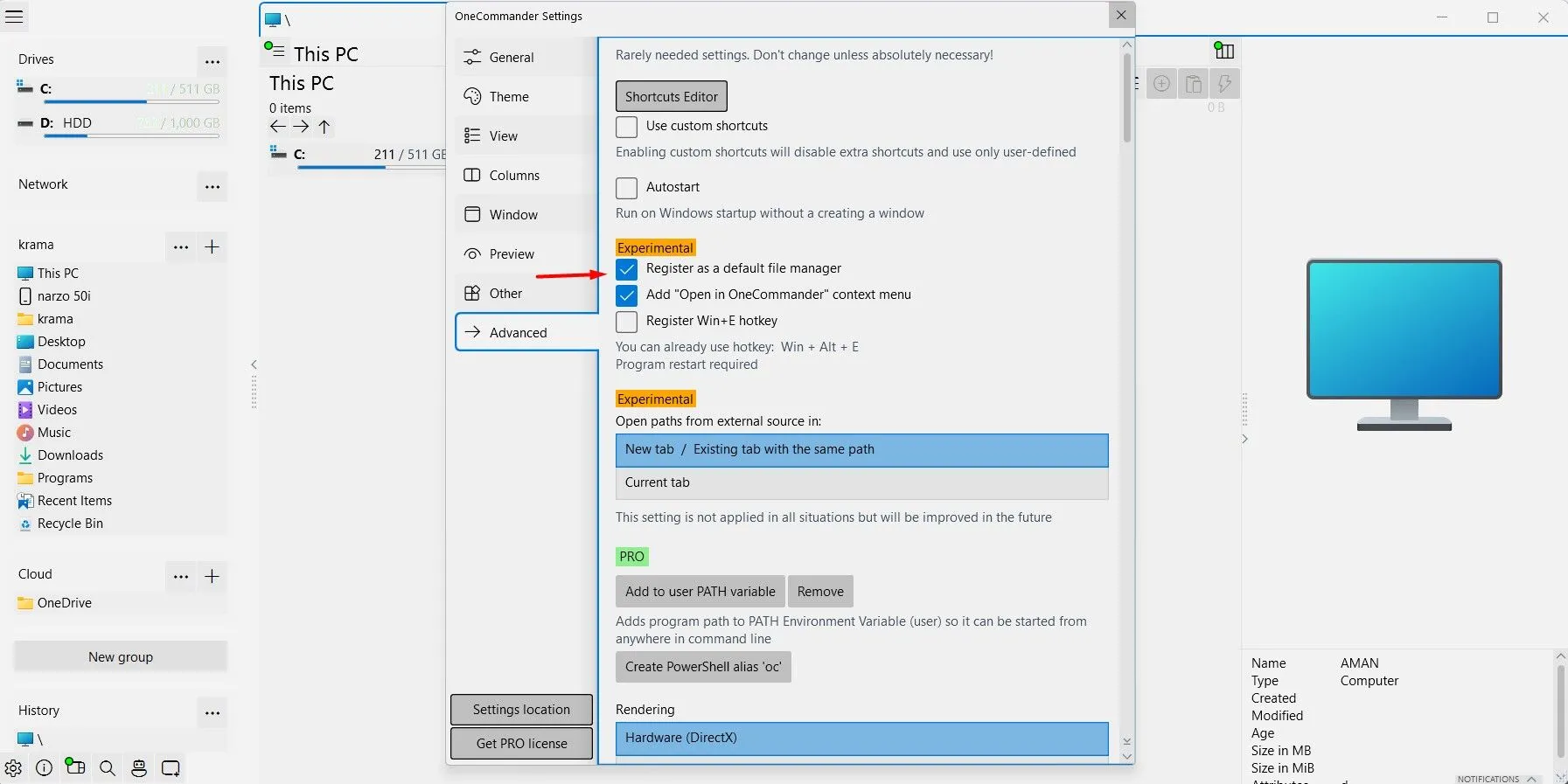 Tùy chọn đăng ký làm Trình quản lý tệp mặc định trong OneCommander