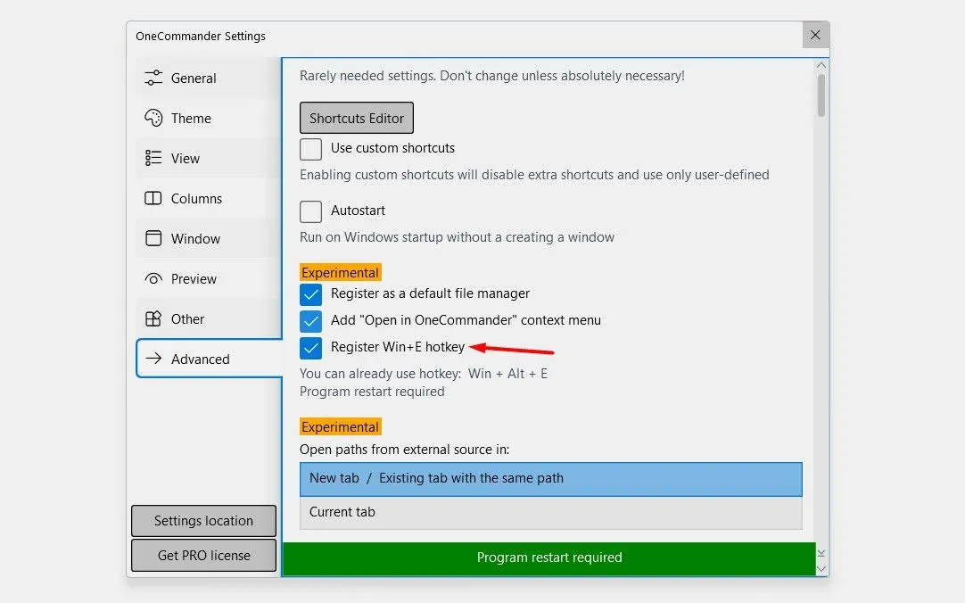 Tùy chọn đăng ký phím tắt Win+E trong cài đặt OneCommander