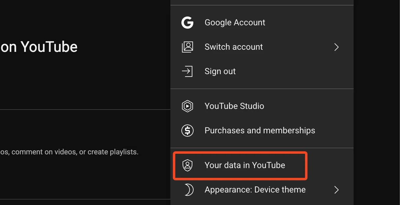 Tùy chọn "Dữ liệu của bạn trên YouTube" để quản lý lịch sử xem.
