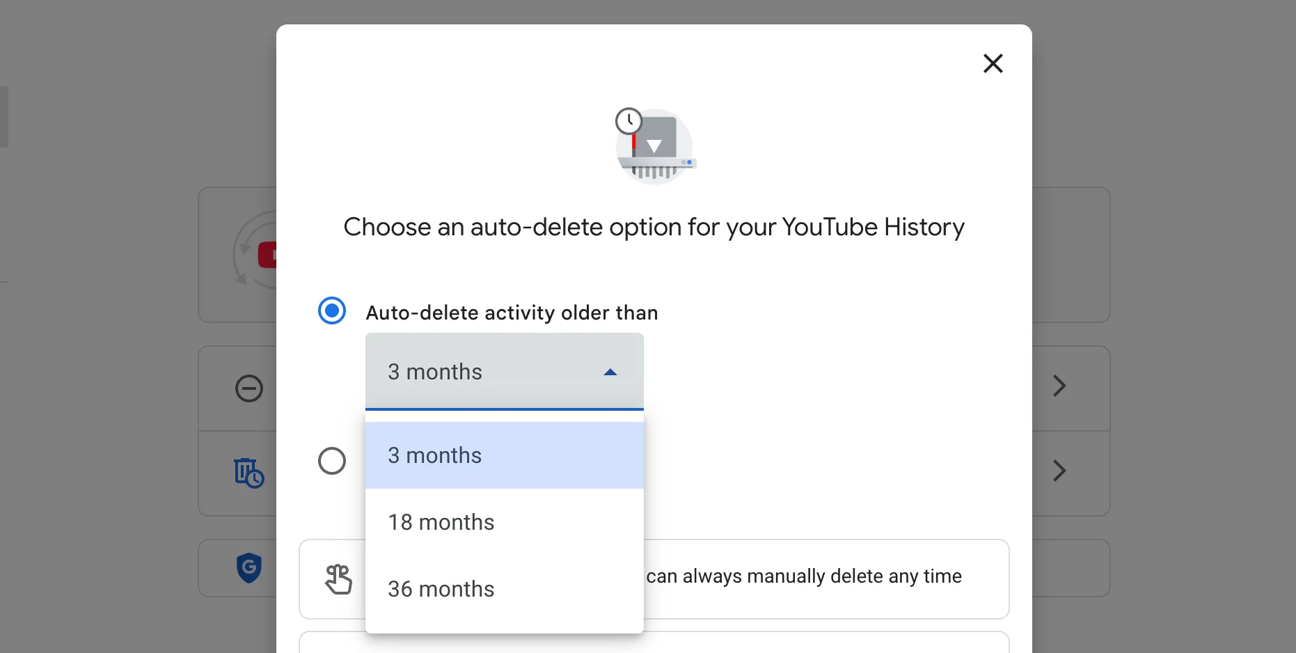 Tùy chọn xóa lịch sử xem YouTube tự động sau 3 tháng.